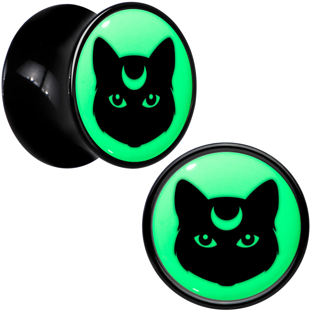 Glow in the Dark Mystic Kitty Cat Black Acrylic Saddle Plug Set by Onyx O