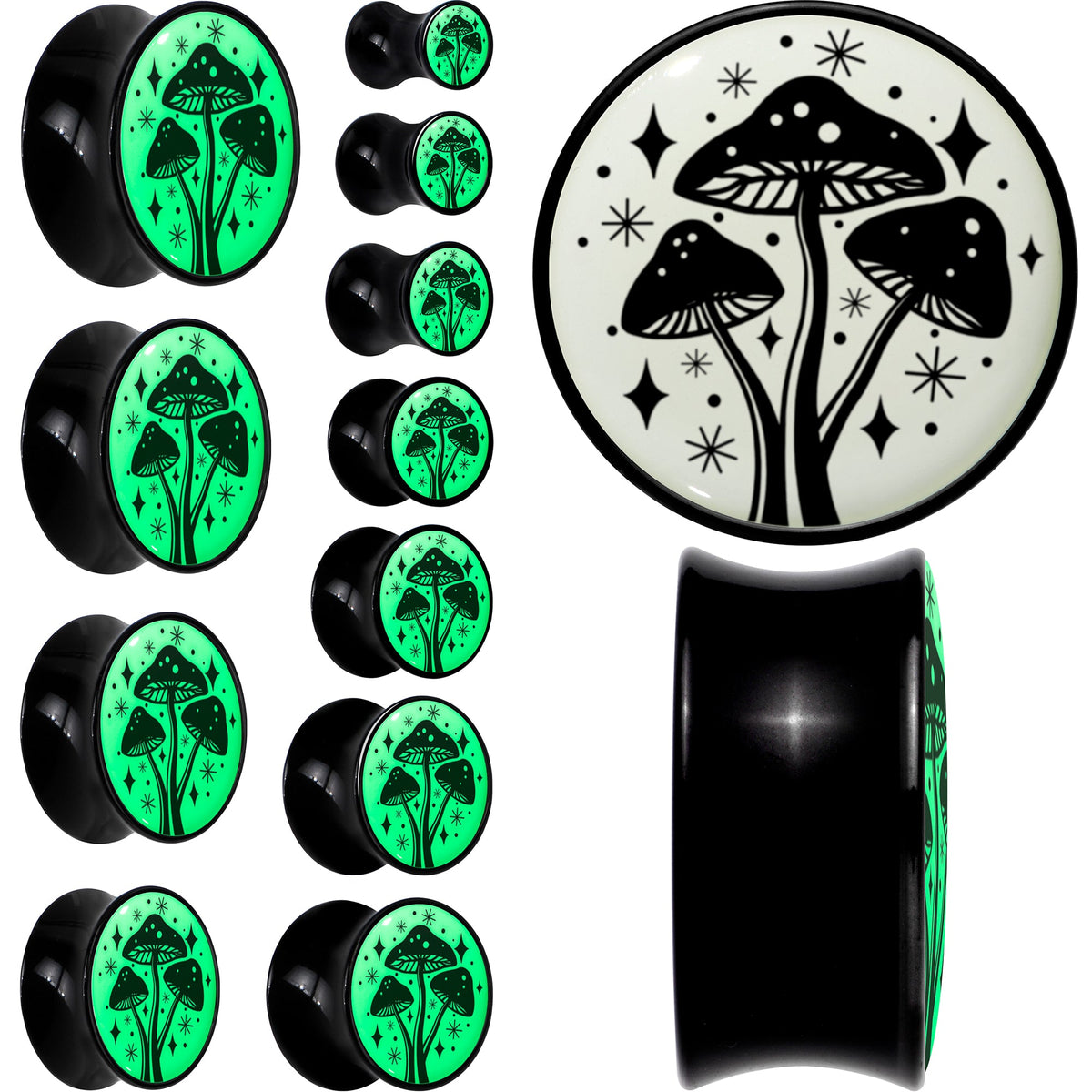 Glow in the Dark Mystic Mushroom Black Acrylic Saddle Plug Set by Onyx O