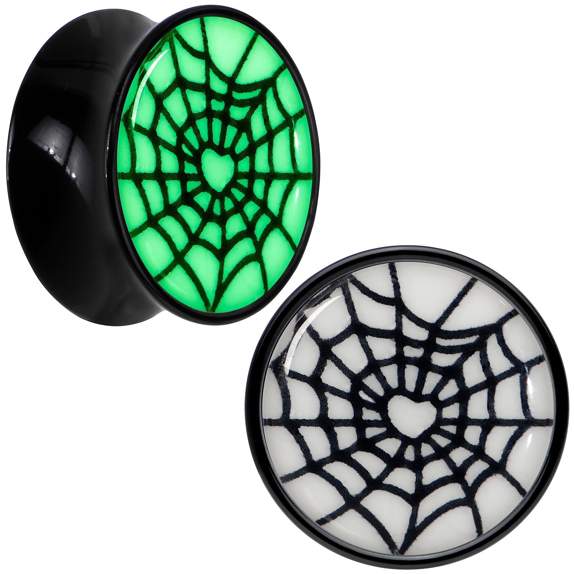 Black Acrylic Heart Spider Web Glow in the Dark Double Flare Plug Set by Onyx O