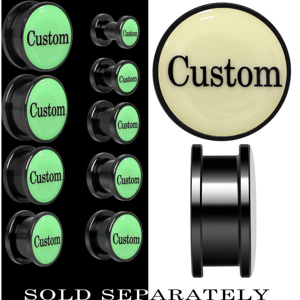 Custom Personalized Glow in the Dark Screw Fit Plug in Anodized Black Titanium - buy 2 for a pair