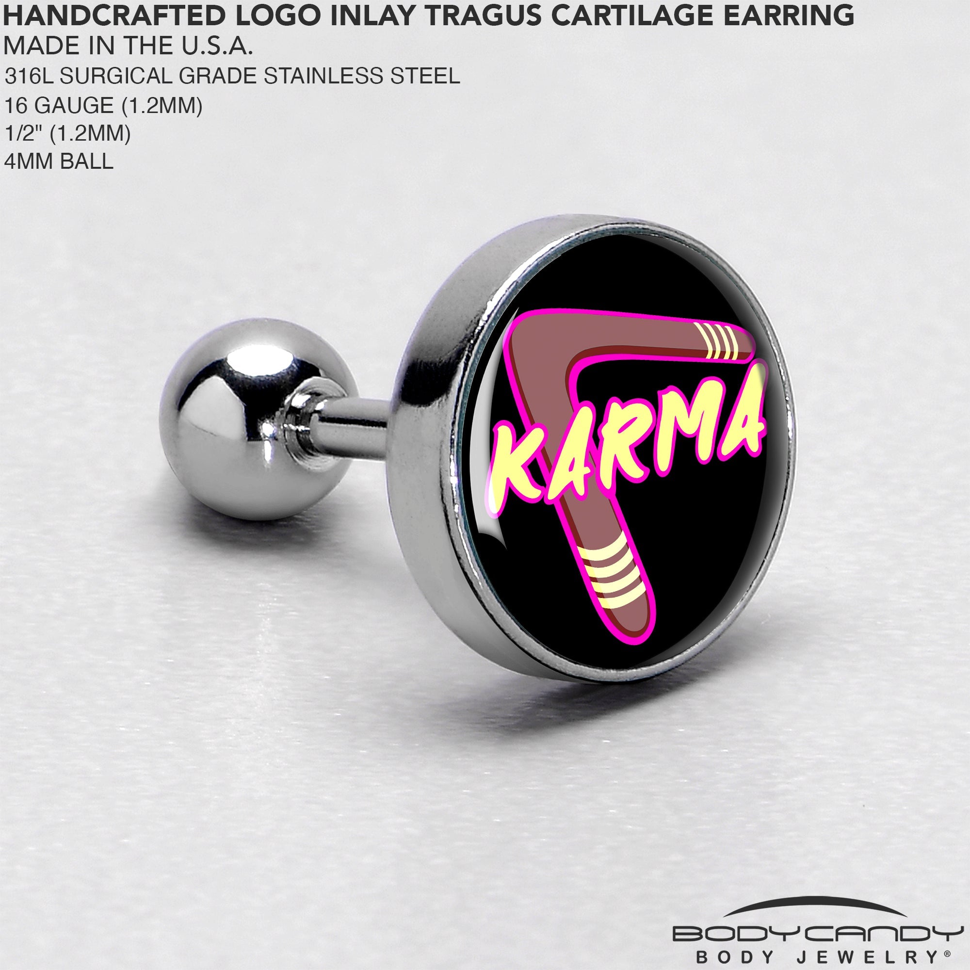 16G 1/4 Karmic Boomerang Tragus Cartilage Earring by Onyx O