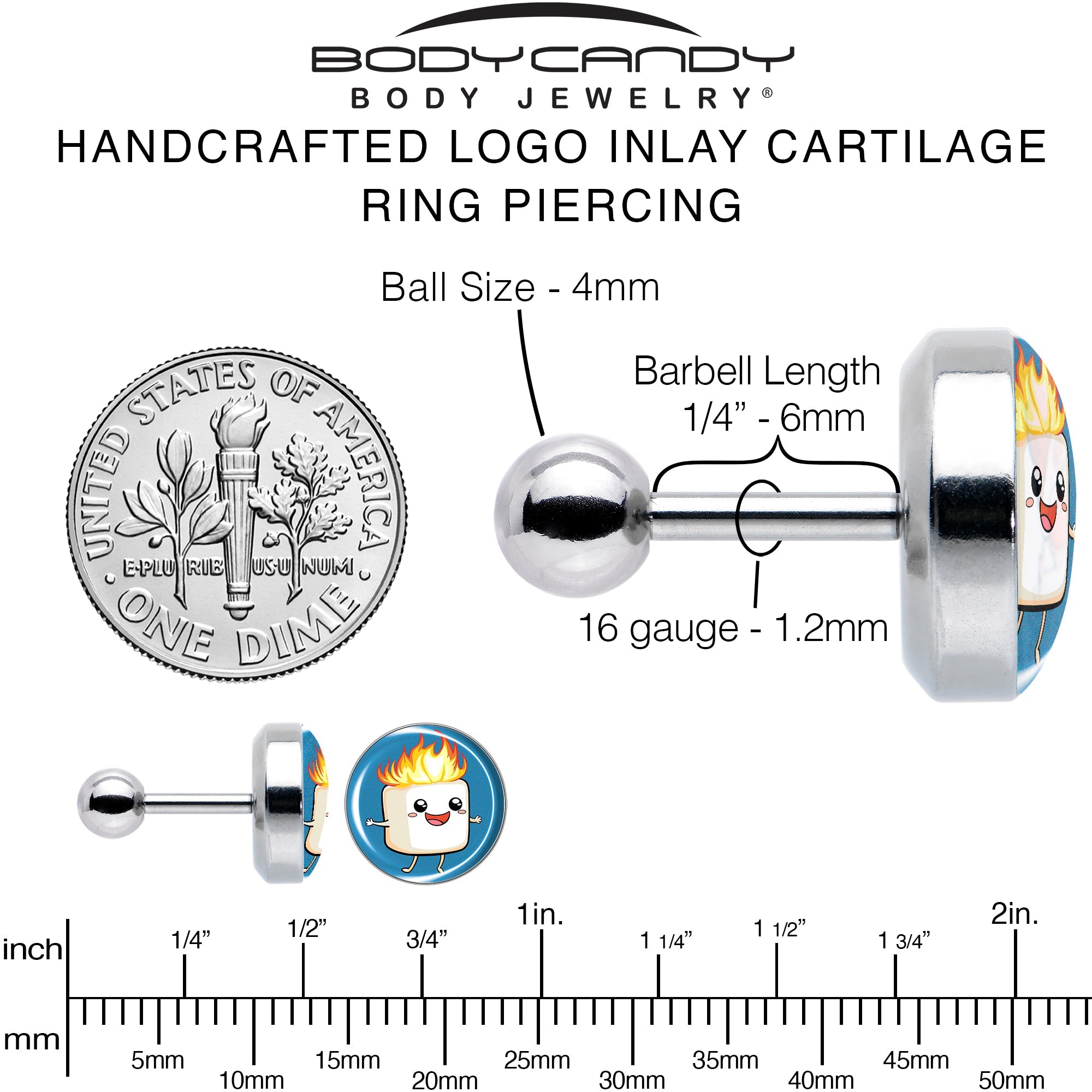 16G 1/4 Burning Marshmallow Tragus Cartilage Earring by Onyx O