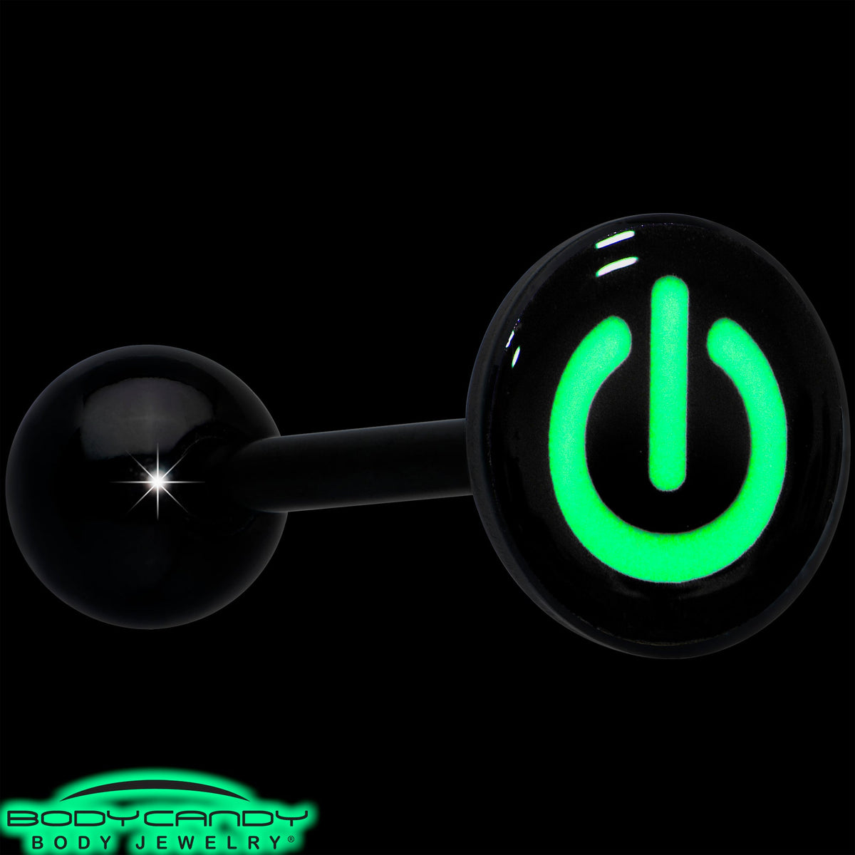 Power Button Glow in the Dark Black Anodized Barbell Tongue Ring