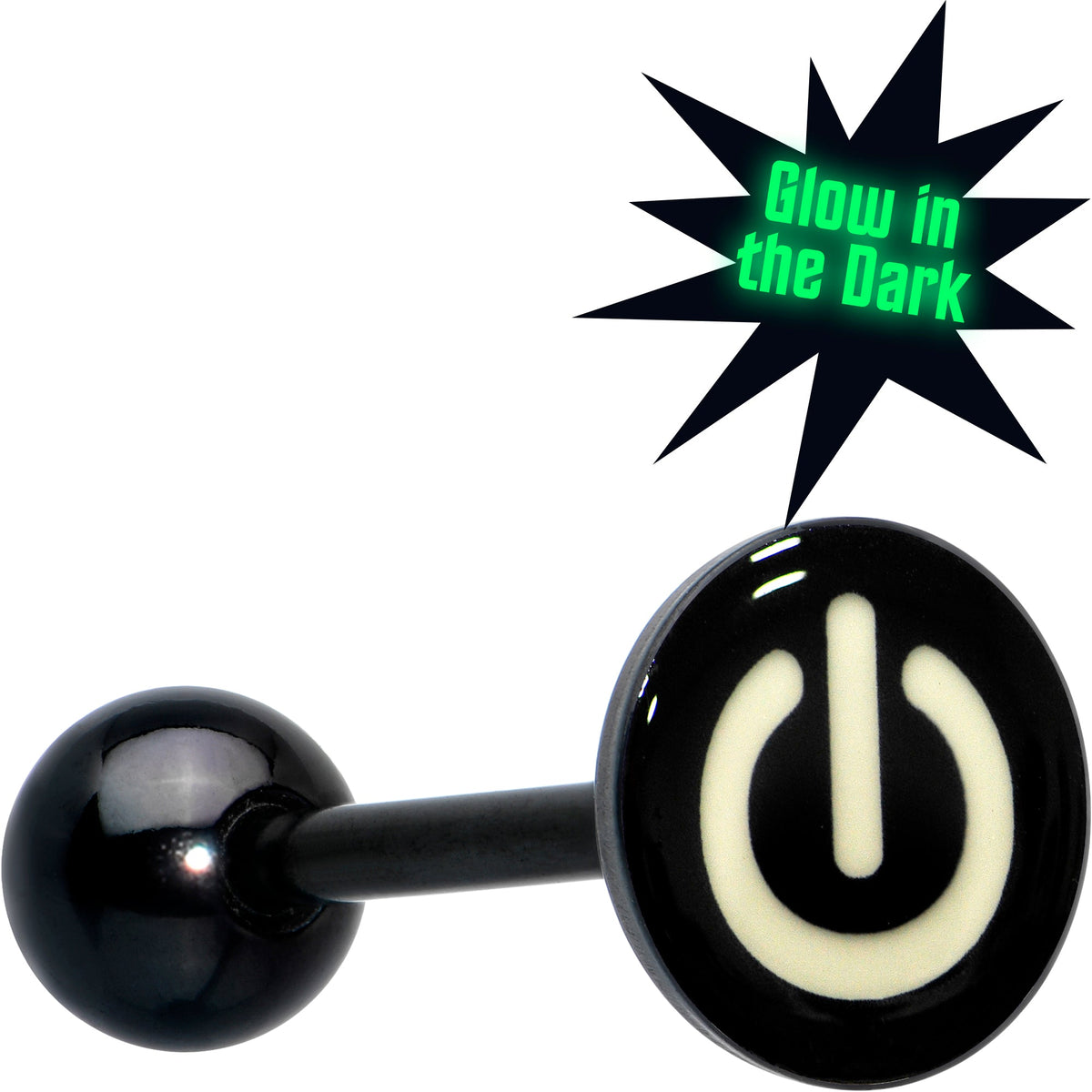 Power Button Glow in the Dark Black Anodized Barbell Tongue Ring