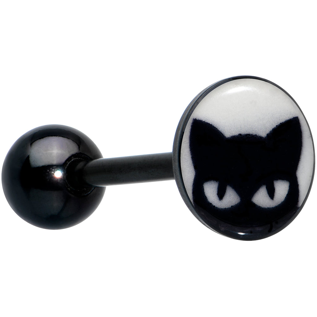 Glow in the Dark Black Anodized Peeking Black Cat Barbell Tongue Ring by Onyx O