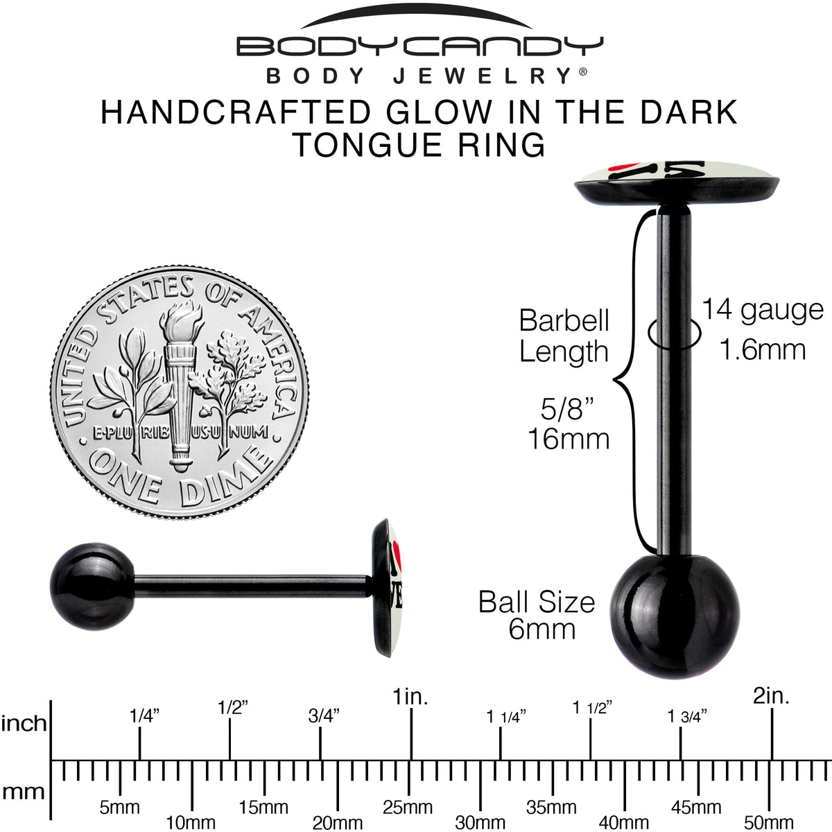 Glow in the Dark Black Anodized I Love Weed Barbell Tongue Ring by Onyx O