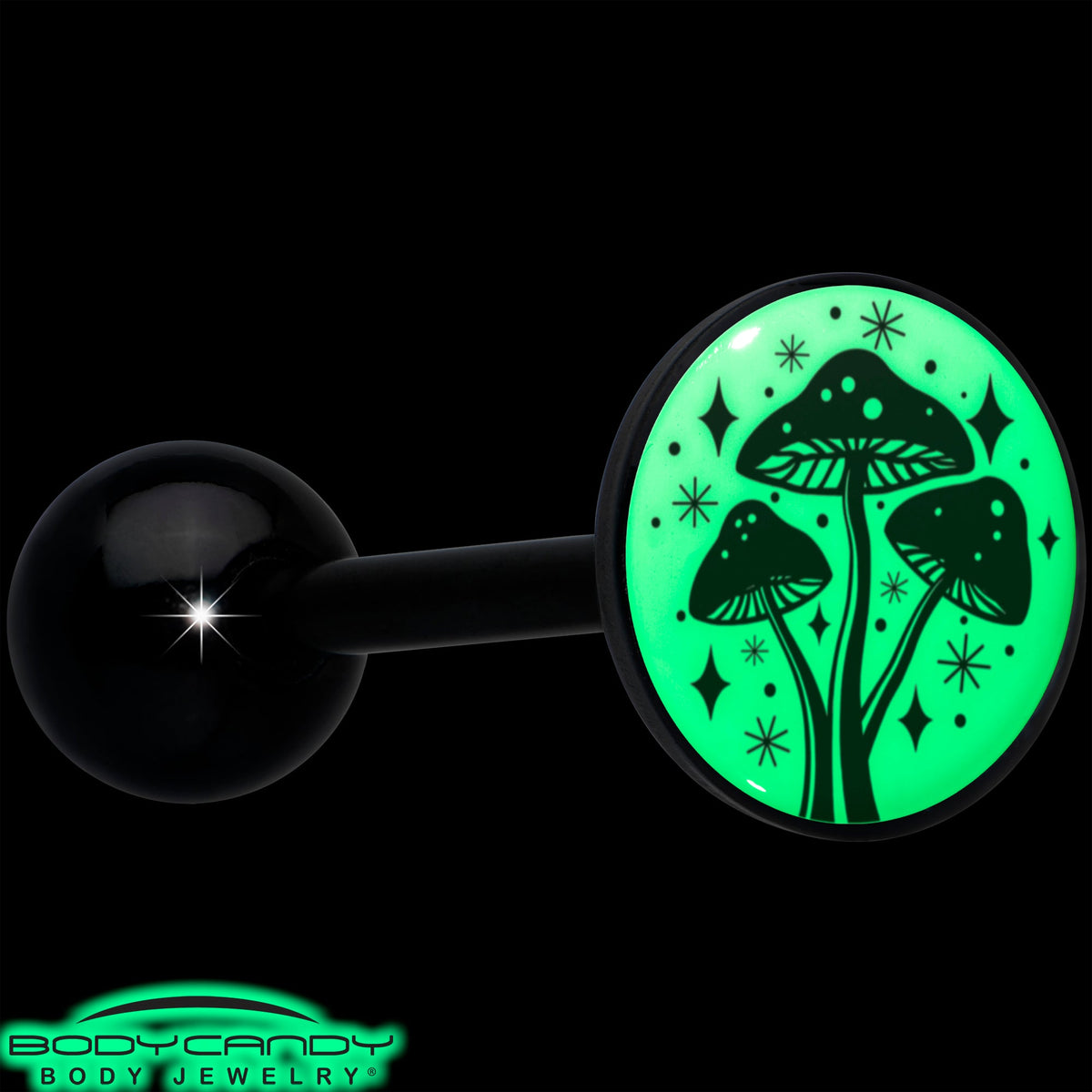 Glow in the Dark Black Anodized Mystic Mushroom Barbell Tongue Ring by Onyx O