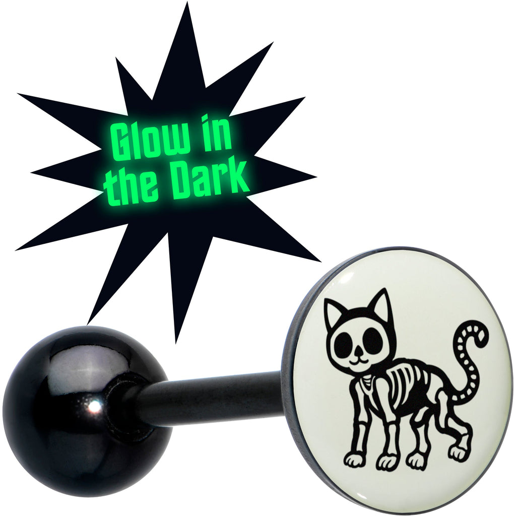 Glow in the Dark Black Anodized Skeleton Kitty Cat Barbell Tongue Ring by Onyx O