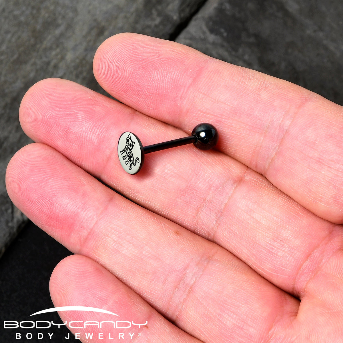 Glow in the Dark Black Anodized Skeleton Kitty Cat Barbell Tongue Ring by Onyx O