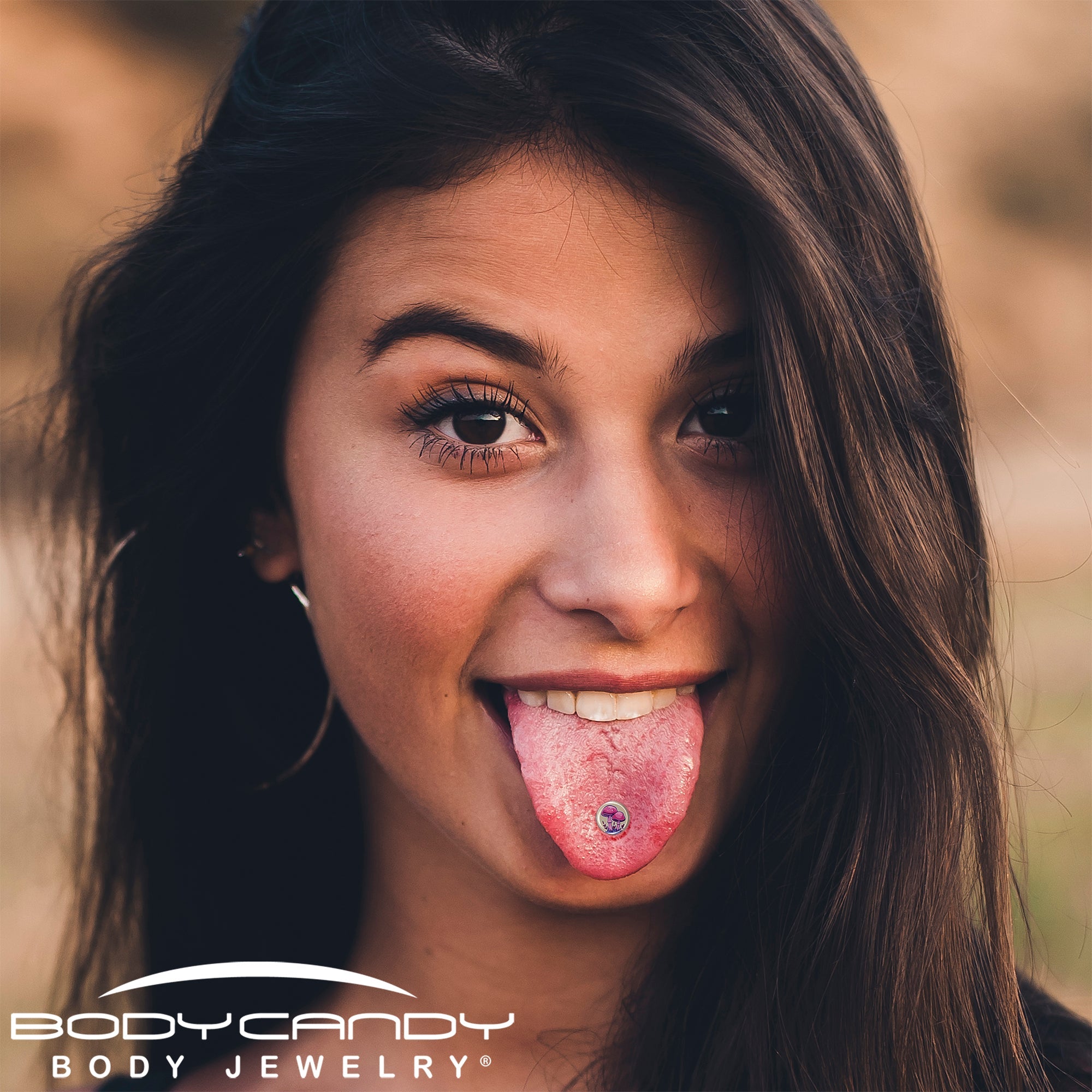 Artist Drawn Pink Mushrooms Barbell Tongue Ring by Onyx O