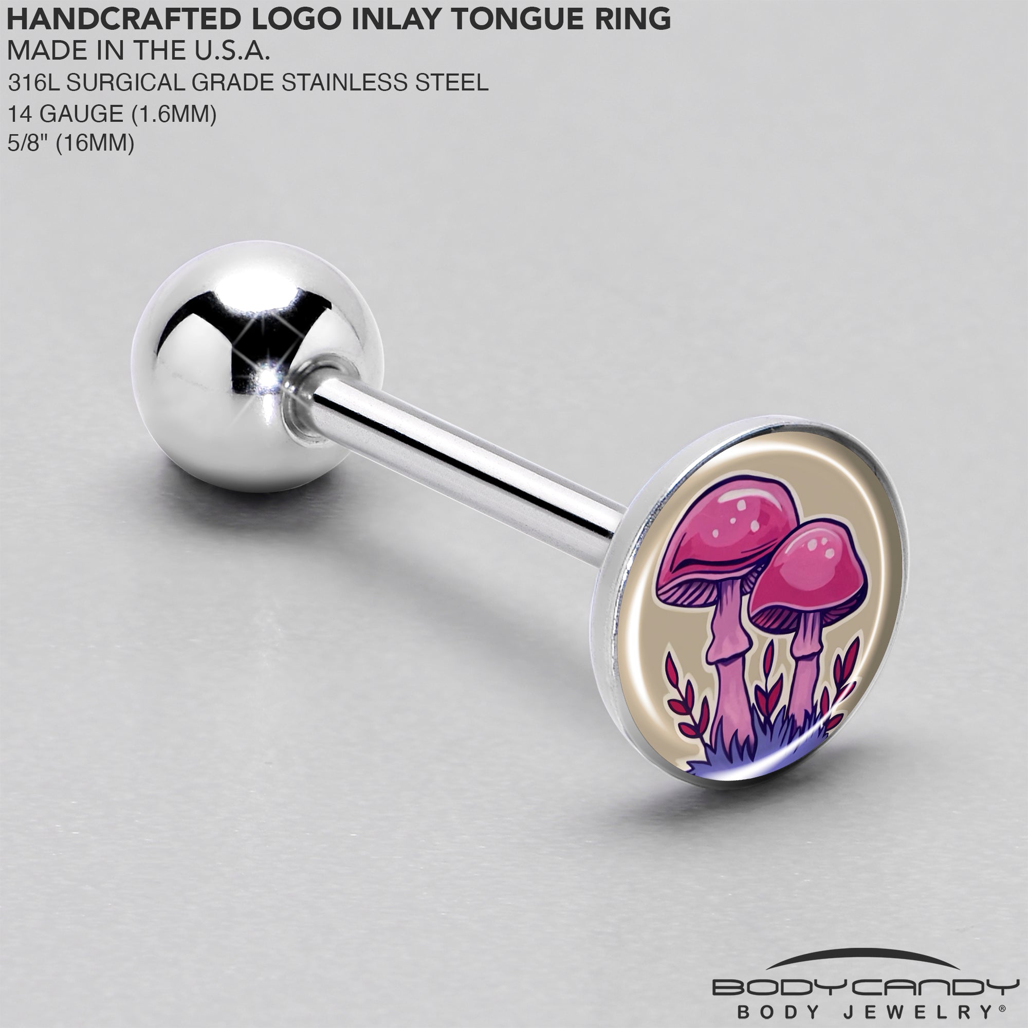 Artist Drawn Pink Mushrooms Barbell Tongue Ring by Onyx O
