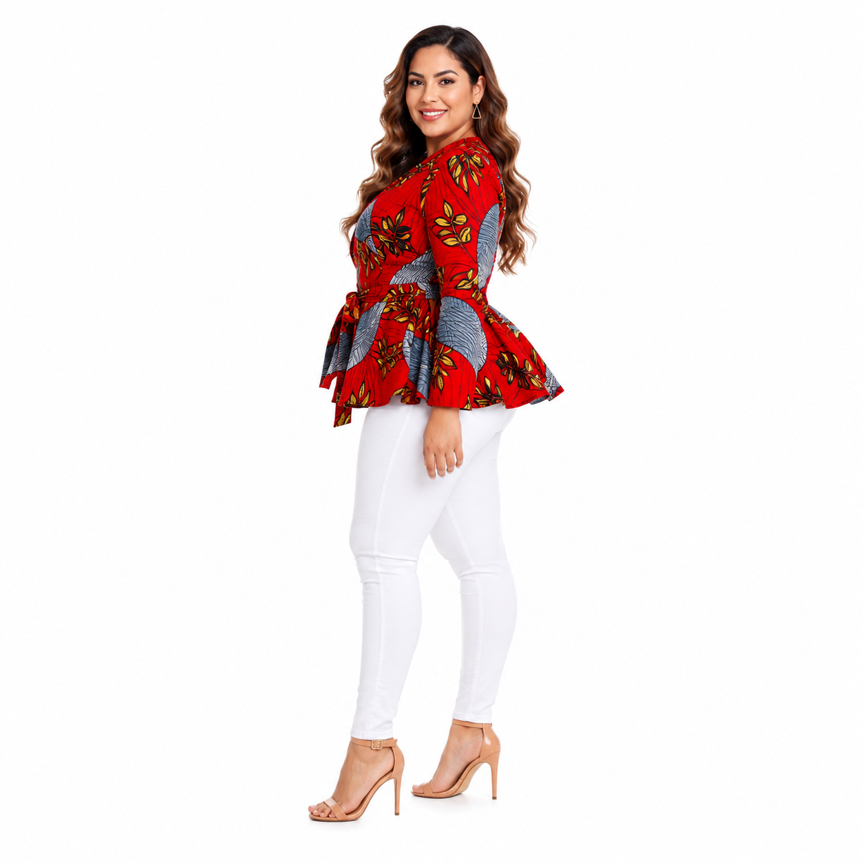 Duma Mbili African Print  Long Sleeved Peplum Red Blouse
