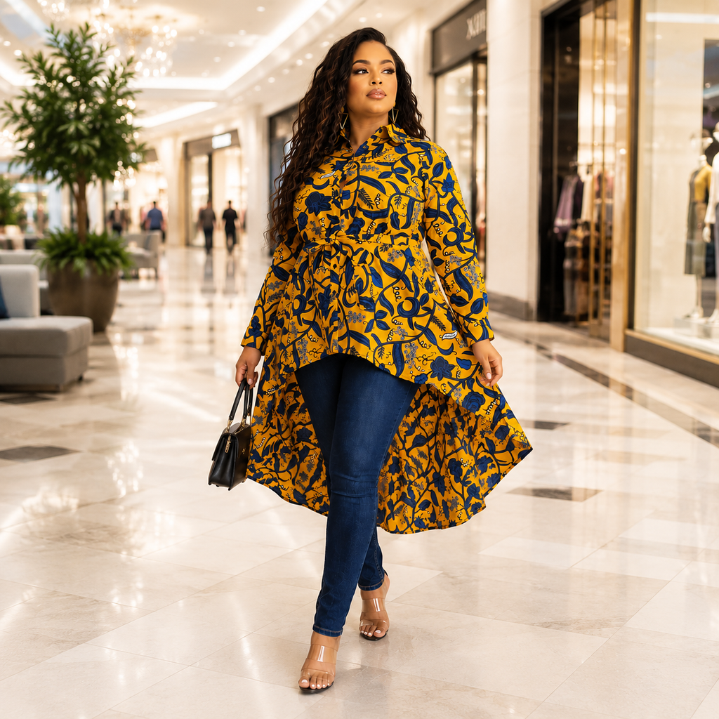 Duma Mbili Kente African Print High Low Button up Shirt