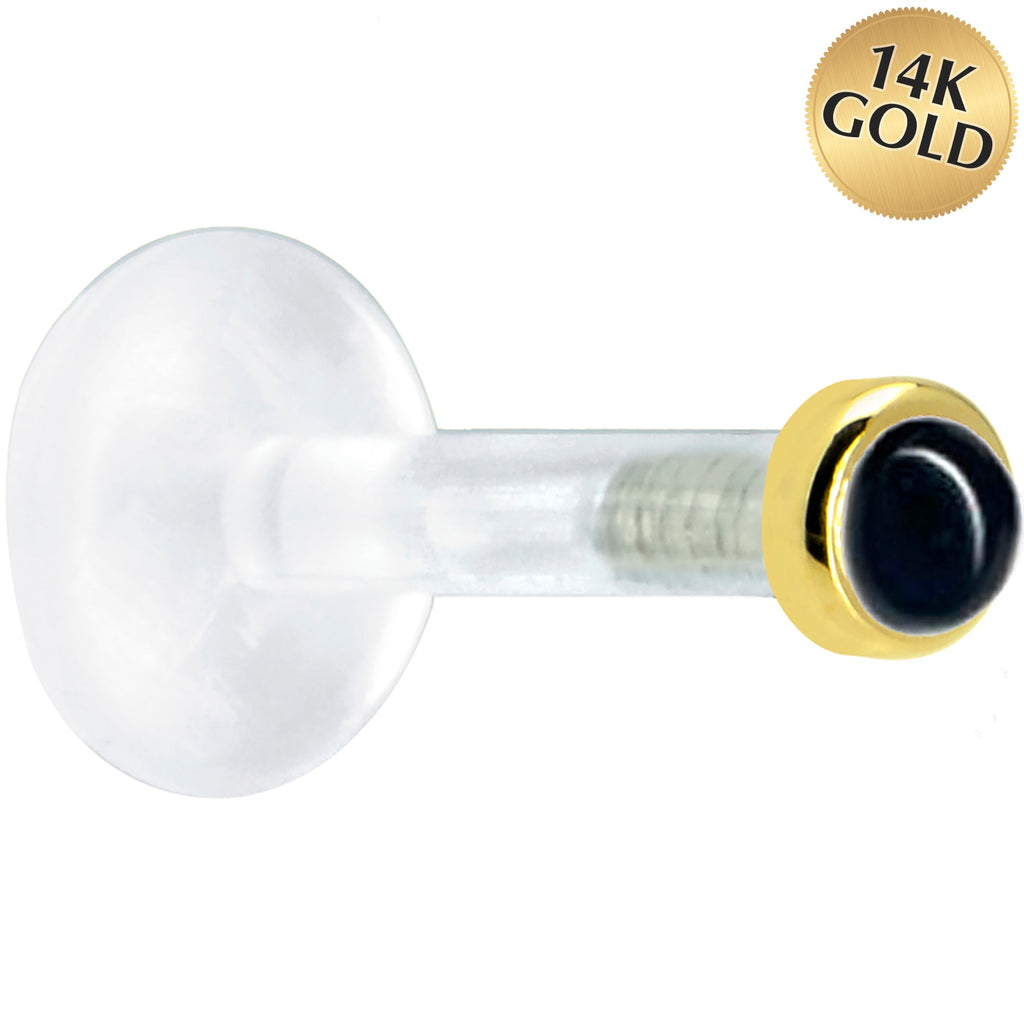 Solid 14K Yellow Gold 2mm Genuine Onyx Bioplast Push in Labret