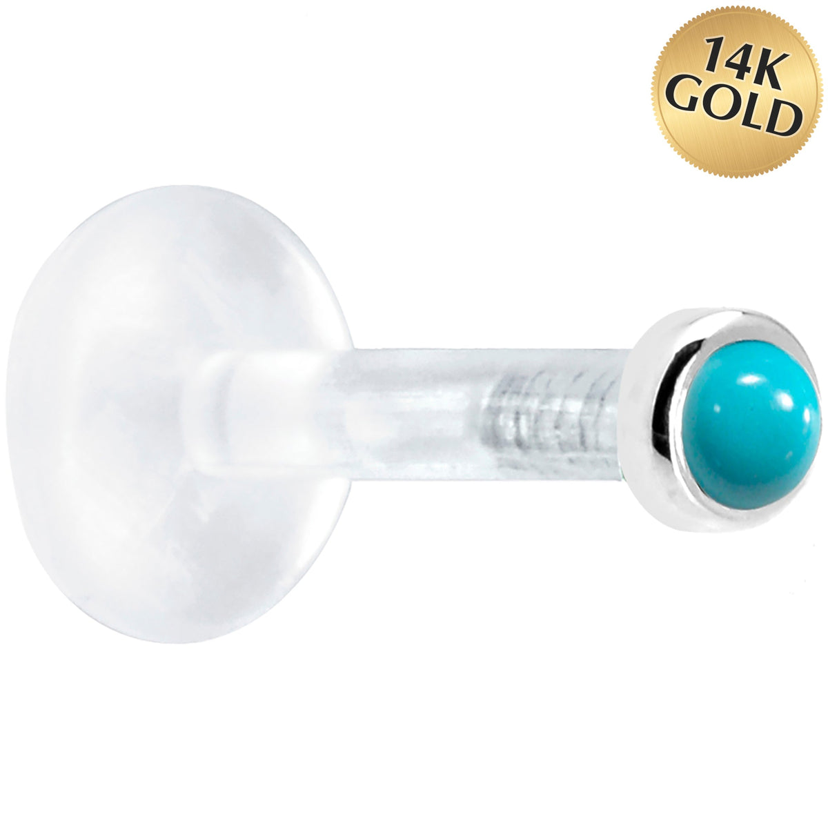 Solid 14K White Gold 2mm Genuine Turquoise Bioplast Push in Labret
