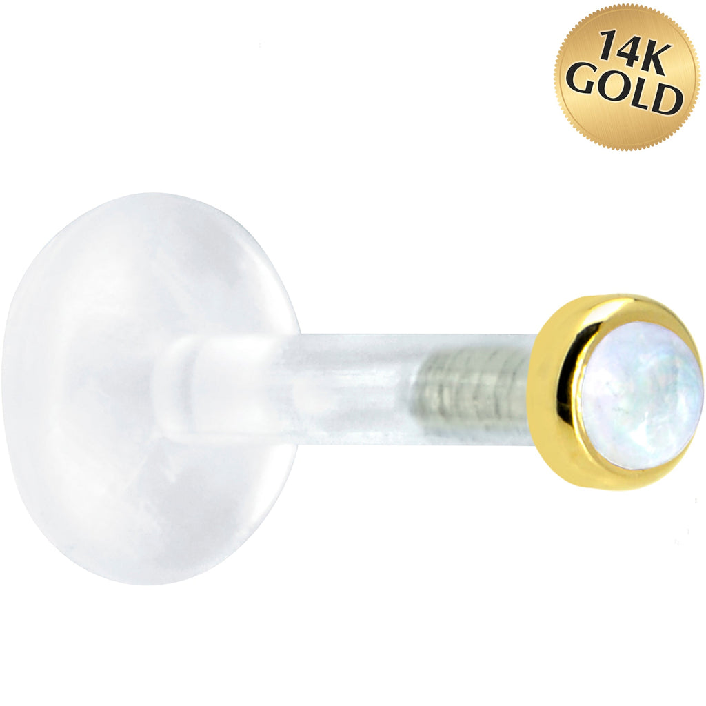 Solid 14K Yellow Gold 2mm Genuine Rainbow Moonstone Bioplast Push in Labret