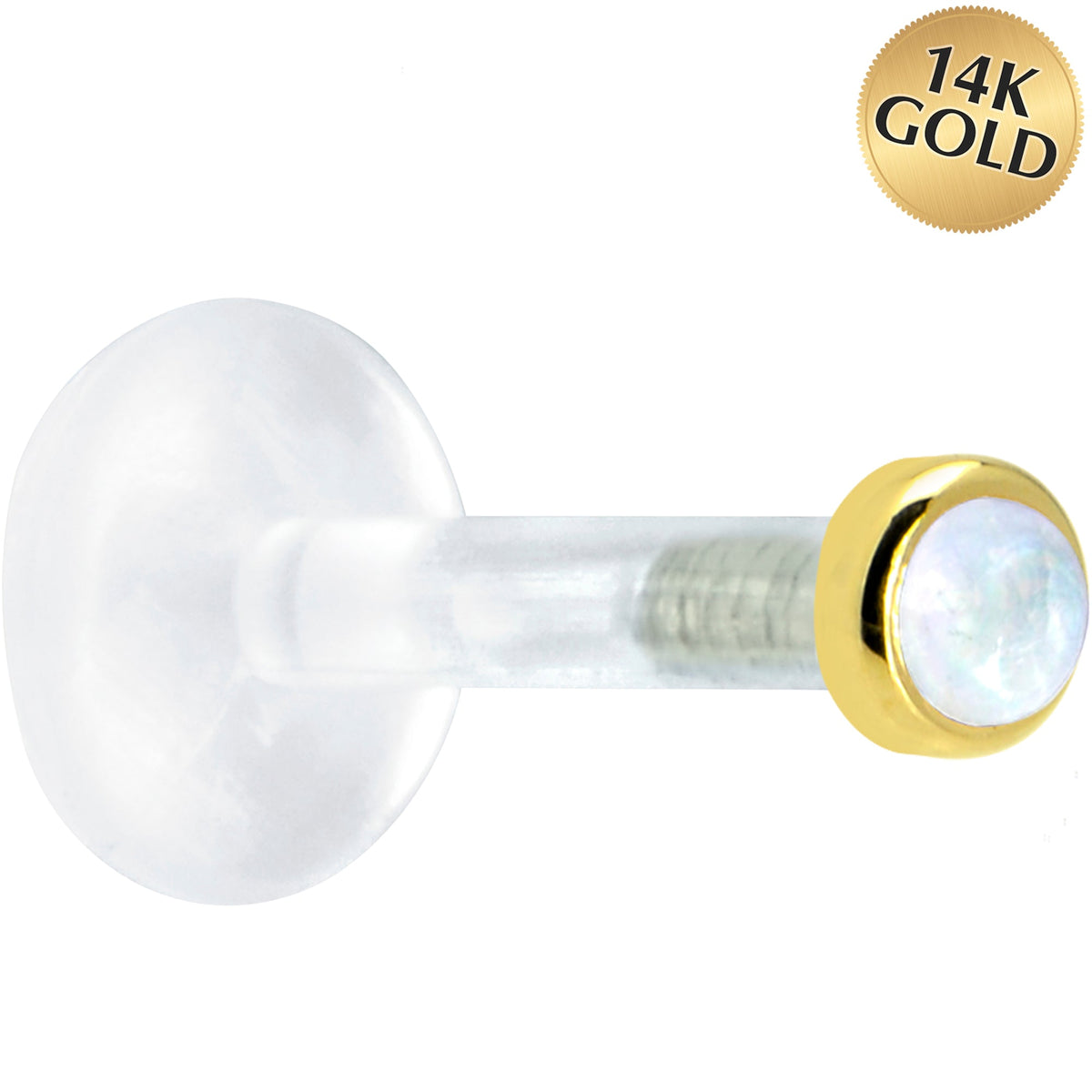 Solid 14K Yellow Gold 2mm Genuine Rainbow Moonstone Bioplast Push in Labret