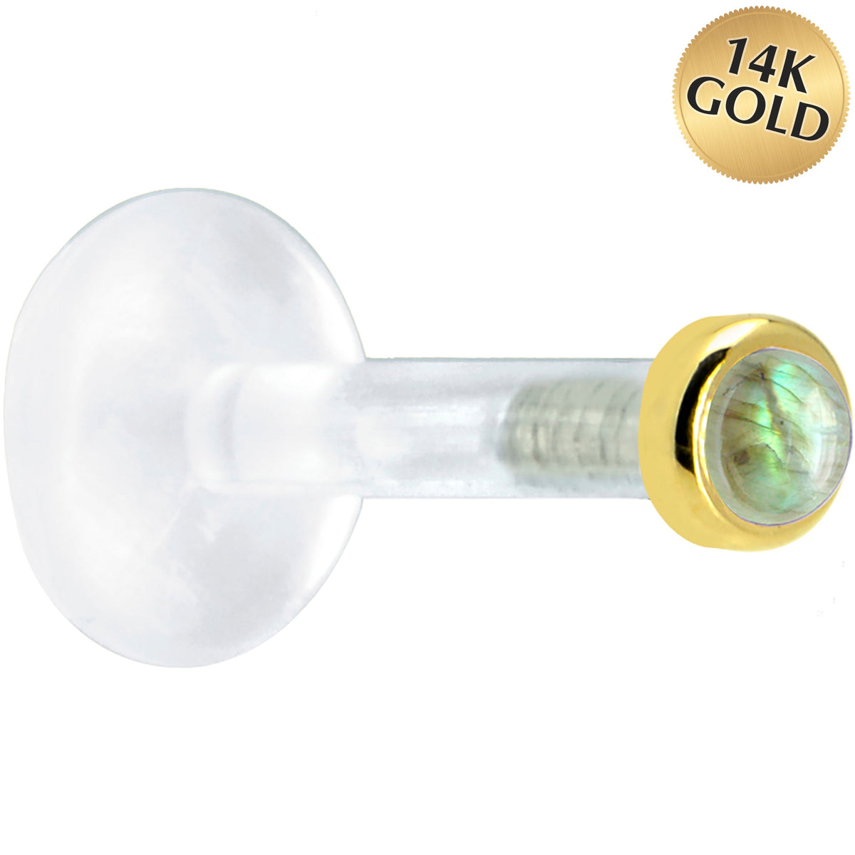 Solid 14K Yellow Gold 2mm Genuine Labradorite Bioplast Push in Labret