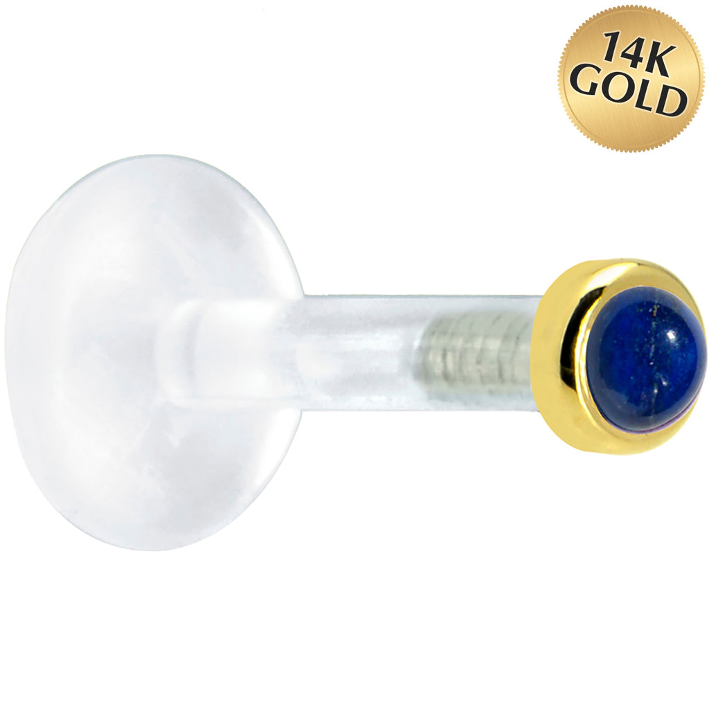 Solid 14K Yellow Gold 2mm Genuine Blue Lapis Lazuli Bioplast Push in Labret