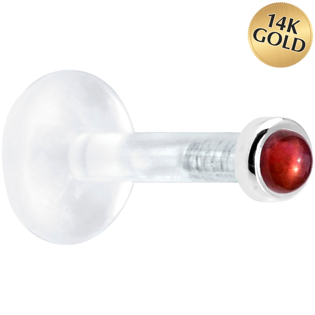 Solid 14K White Gold 2mm Genuine Red Garnet Bioplast Push in Labret