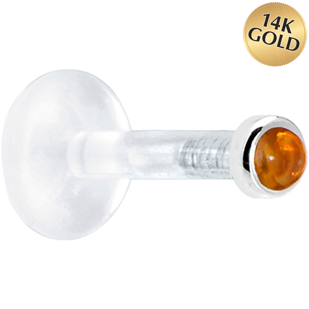 Solid 14K White Gold 2mm Genuine Citrine Bioplast Push in Labret