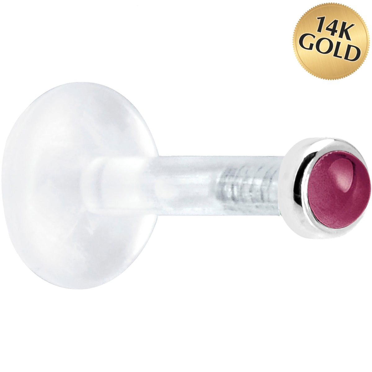 Solid 14K White Gold 2mm Genuine Rhodolite Garnet Bioplast Push in Labret