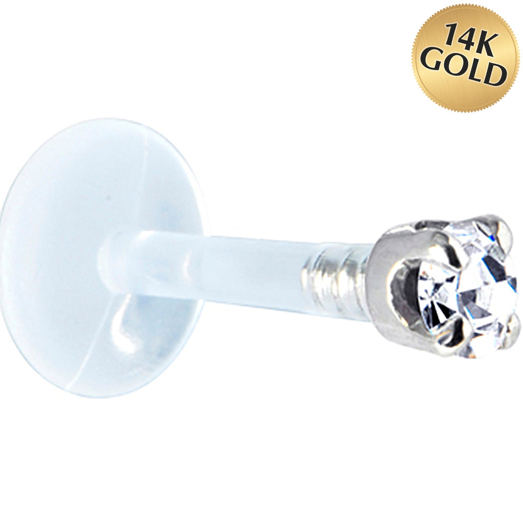 Solid 14K White Gold 1.5mm Genuine Diamond Bioplast Push in Labret