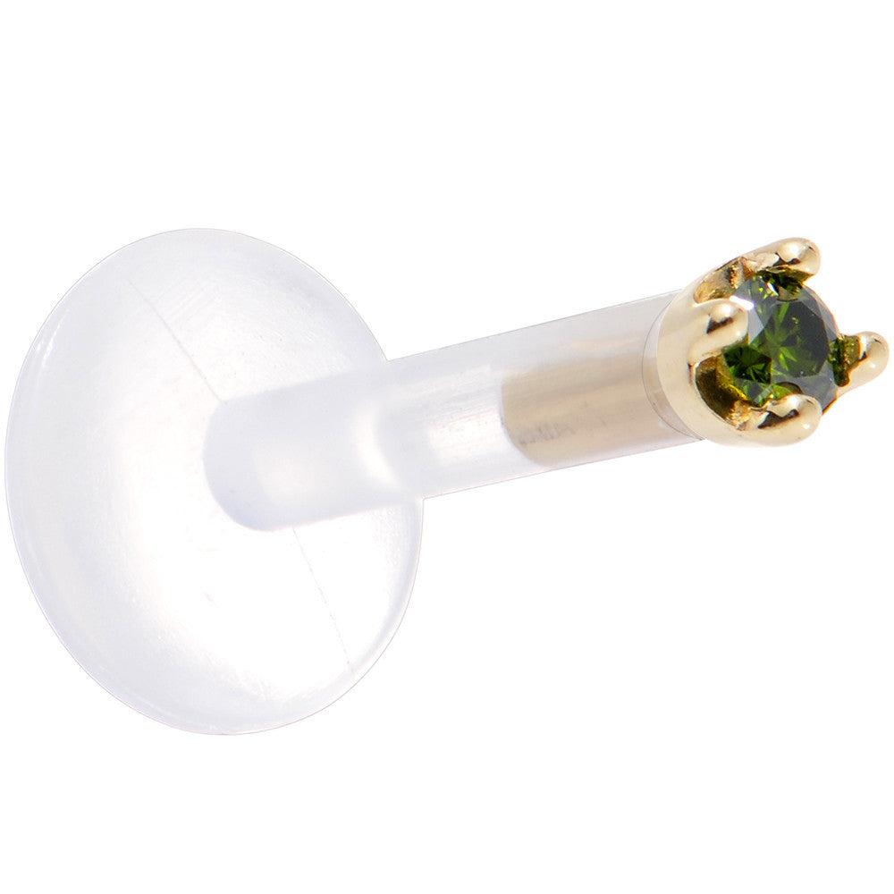 Solid 14K Yellow Gold 1.5mm Genuine Green Diamond Bioplast Push in Labret