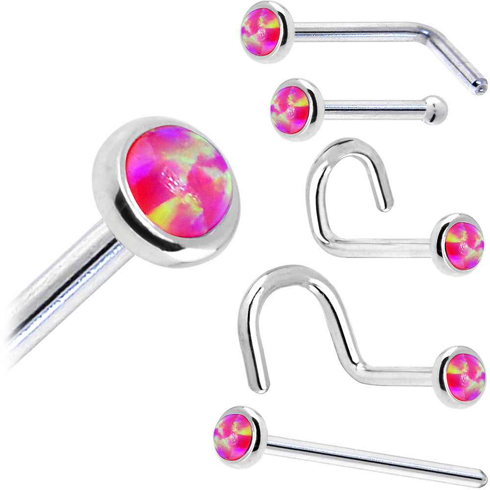 Solid 14K White Gold 2mm Brilliant Pink Synthetic Opal Nose Ring