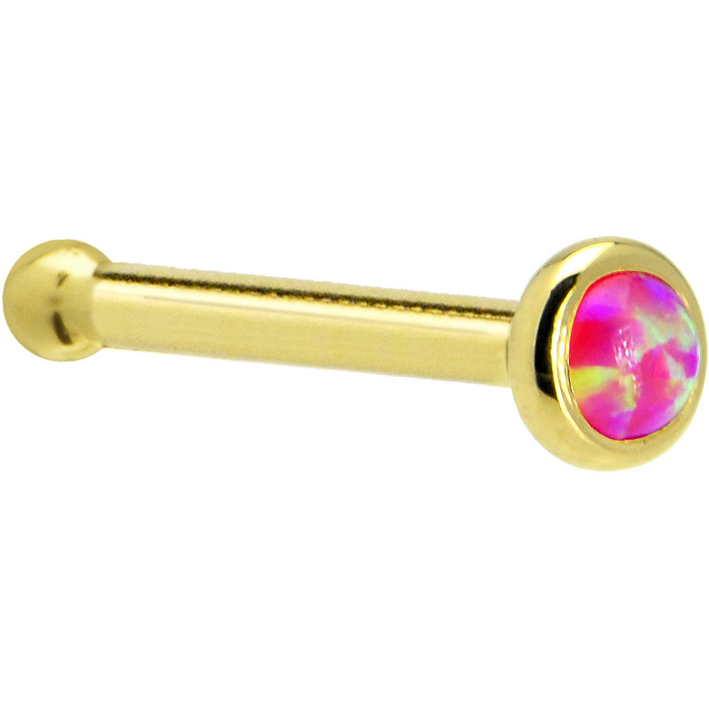 Solid 14K Yellow Gold 2mm Brilliant Pink Synthetic Opal Nose Ring