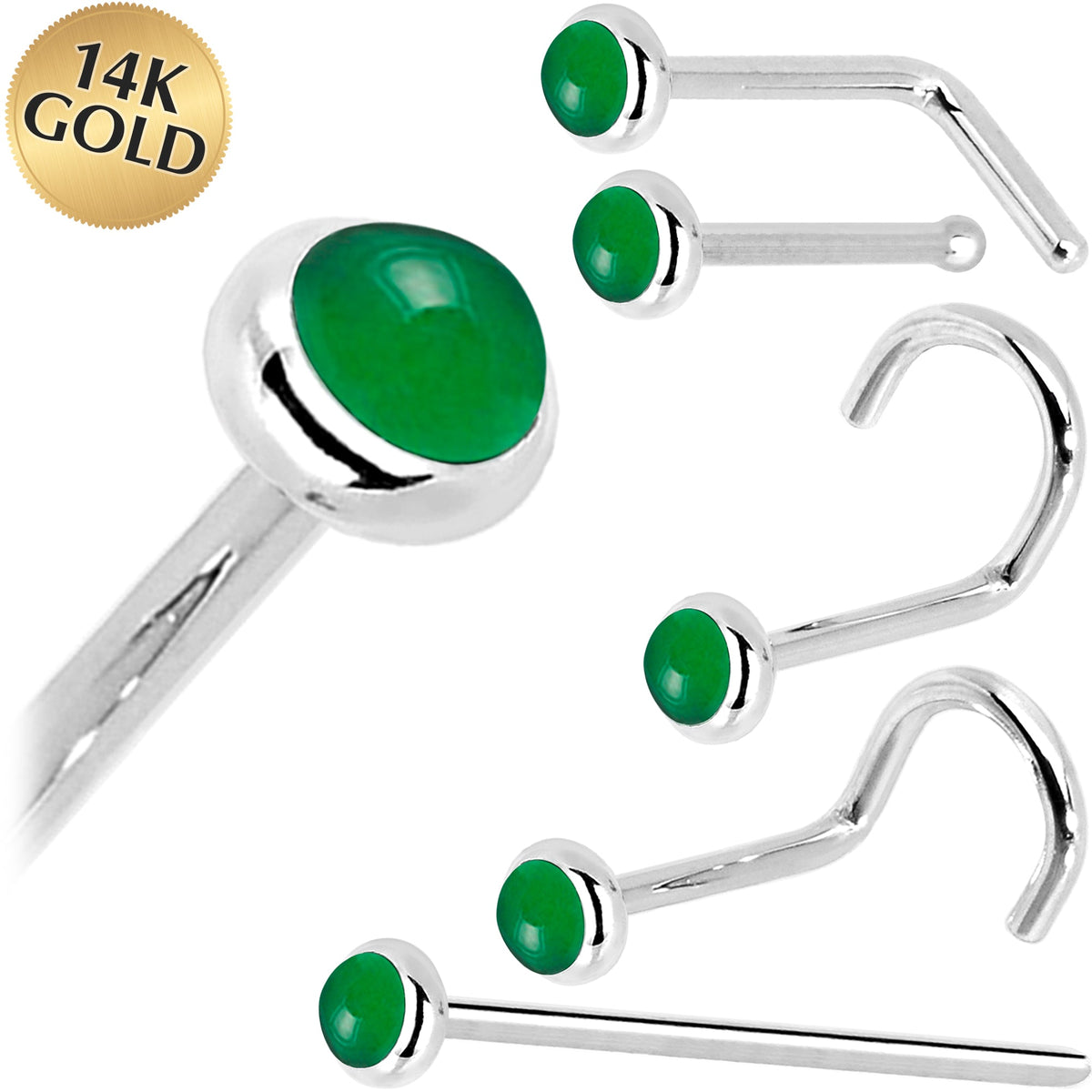 Solid 14K White Gold 2mm Jade Nose Ring