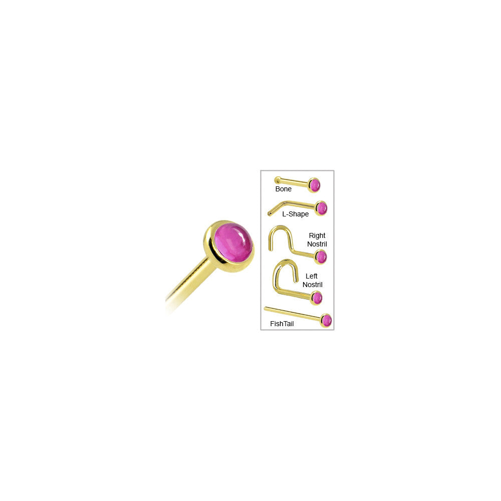 Solid 14K Yellow Gold 2mm Pink Tourmaline Nose Ring