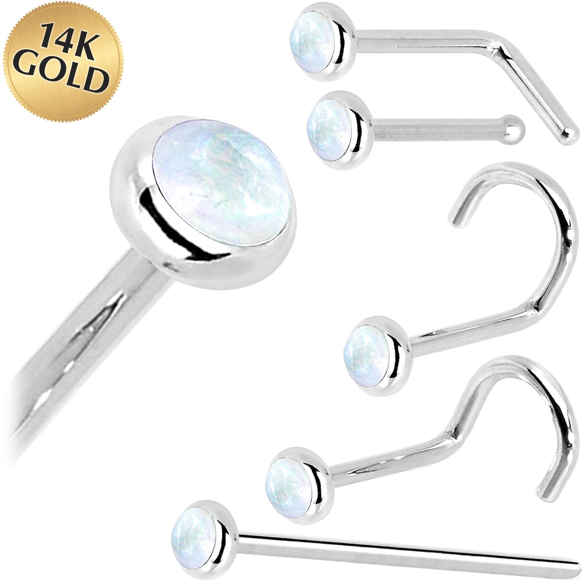 Solid 14K White Gold 2mm Rainbow Moonstone Nose Ring