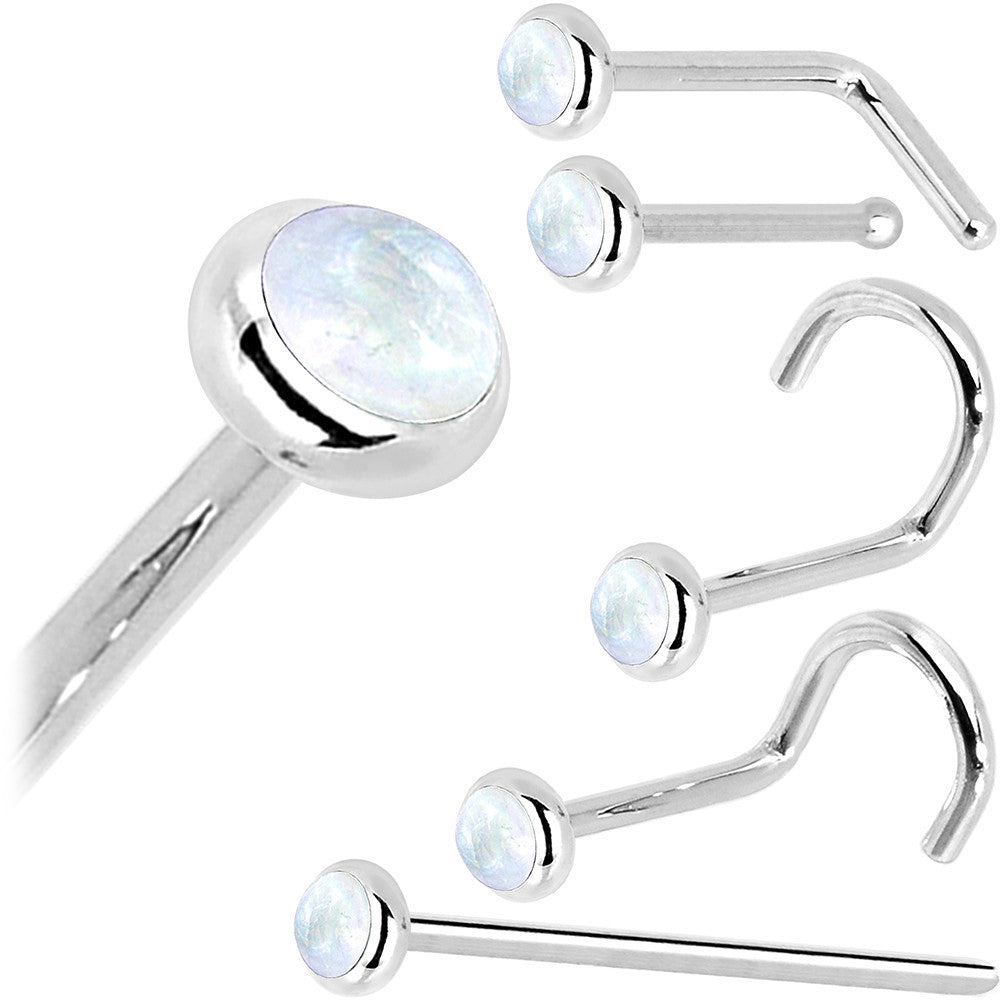 Solid 14K White Gold 2mm Rainbow Moonstone Nose Ring