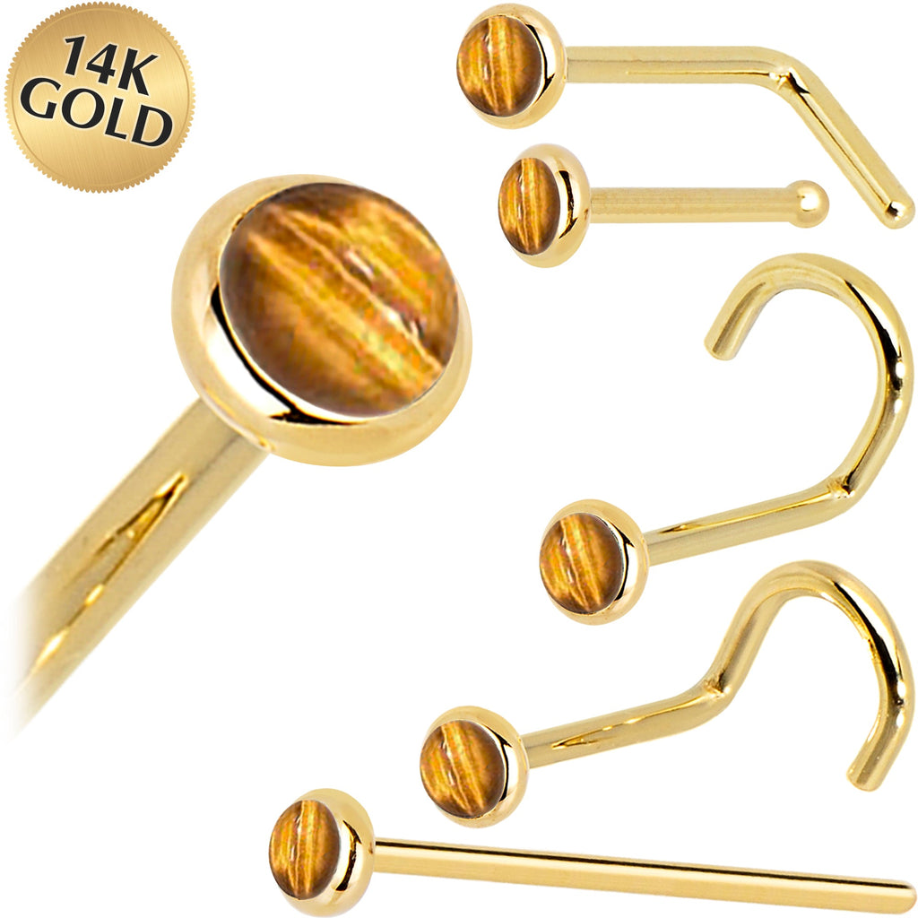 Solid 14K Yellow Gold 2mm Tiger Eye Nose Ring