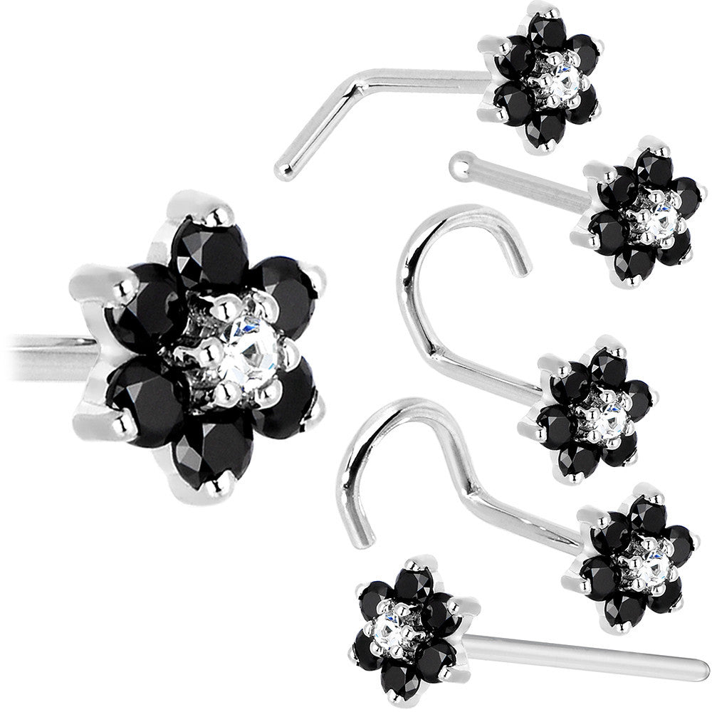 Solid 14K White Gold Black and Clear Cubic Zirconia Flower Nose Ring