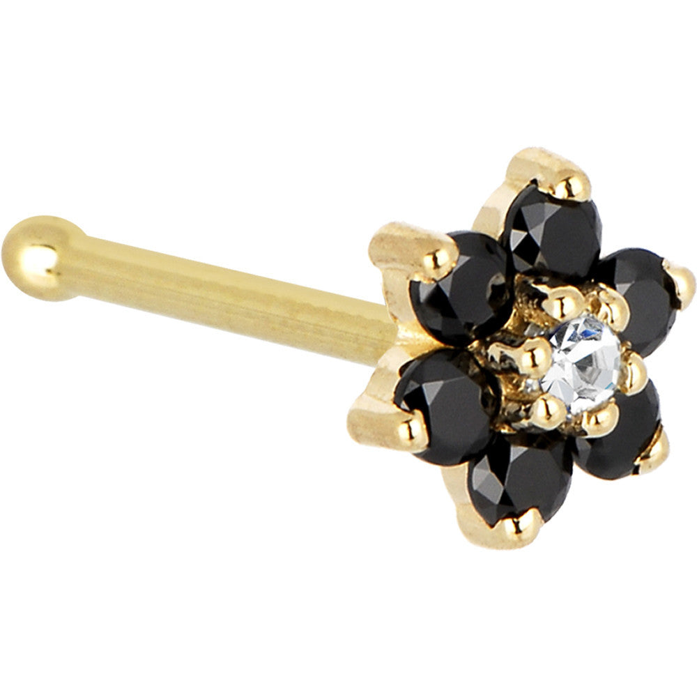 Solid 14K Yellow Gold Black and Clear Cubic Zirconia Flower Nose Ring