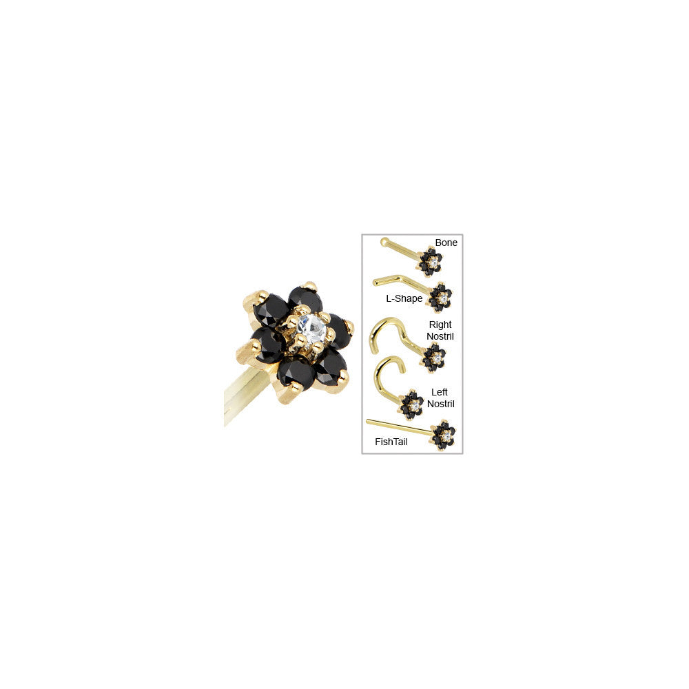 Solid 14K Yellow Gold Black and Clear Cubic Zirconia Flower Nose Ring