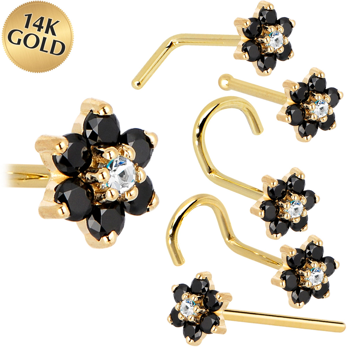 Solid 14K Yellow Gold Black and Clear Cubic Zirconia Flower Nose Ring