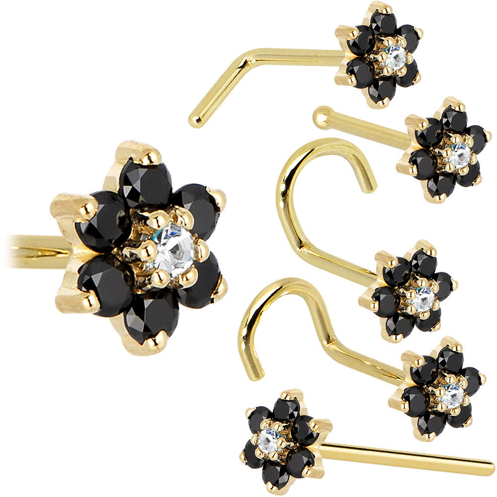 Solid 14K Yellow Gold Black and Clear Cubic Zirconia Flower Nose Ring