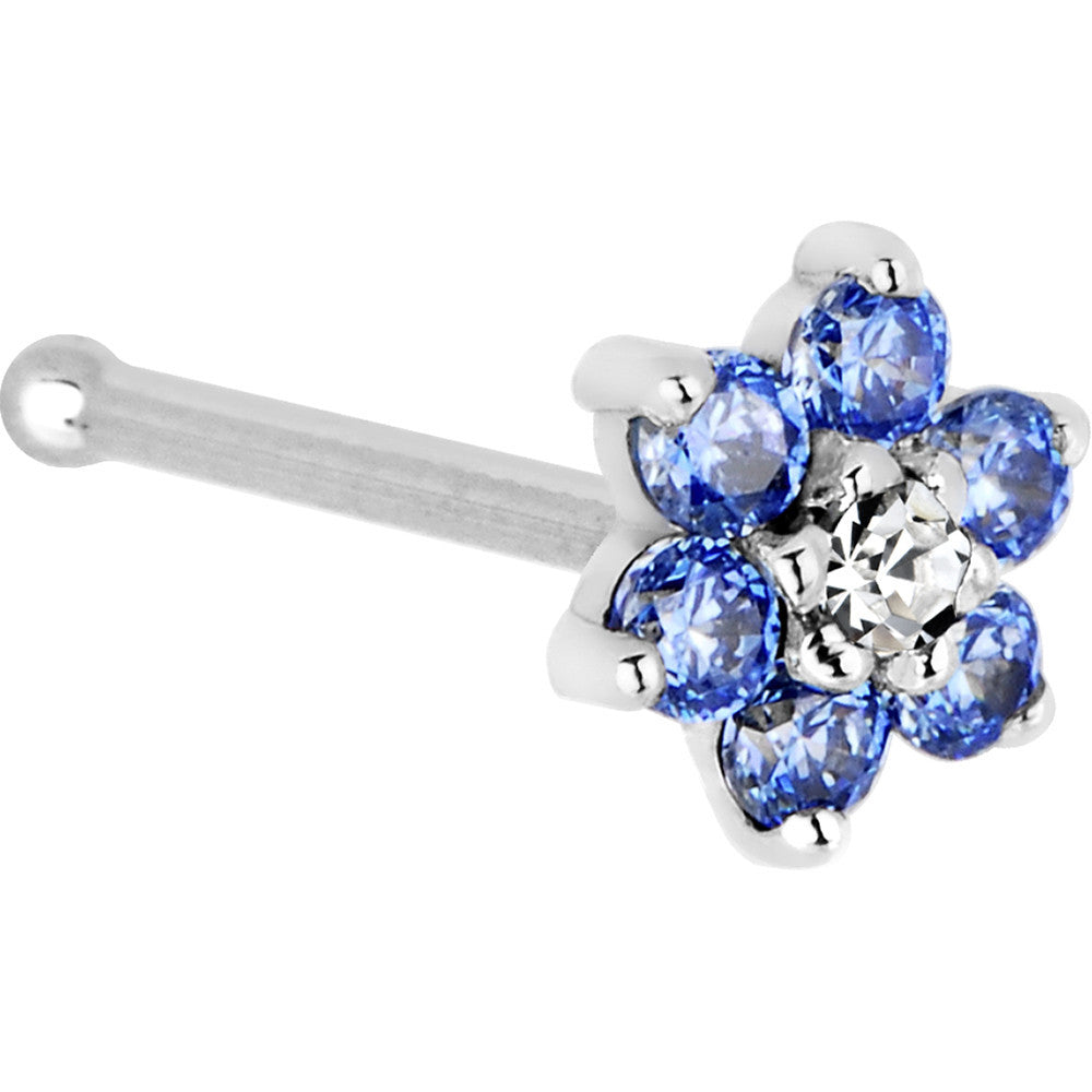 Solid 14K White Gold Arctic Blue and Clear Cubic Zirconia Flower Nose Ring