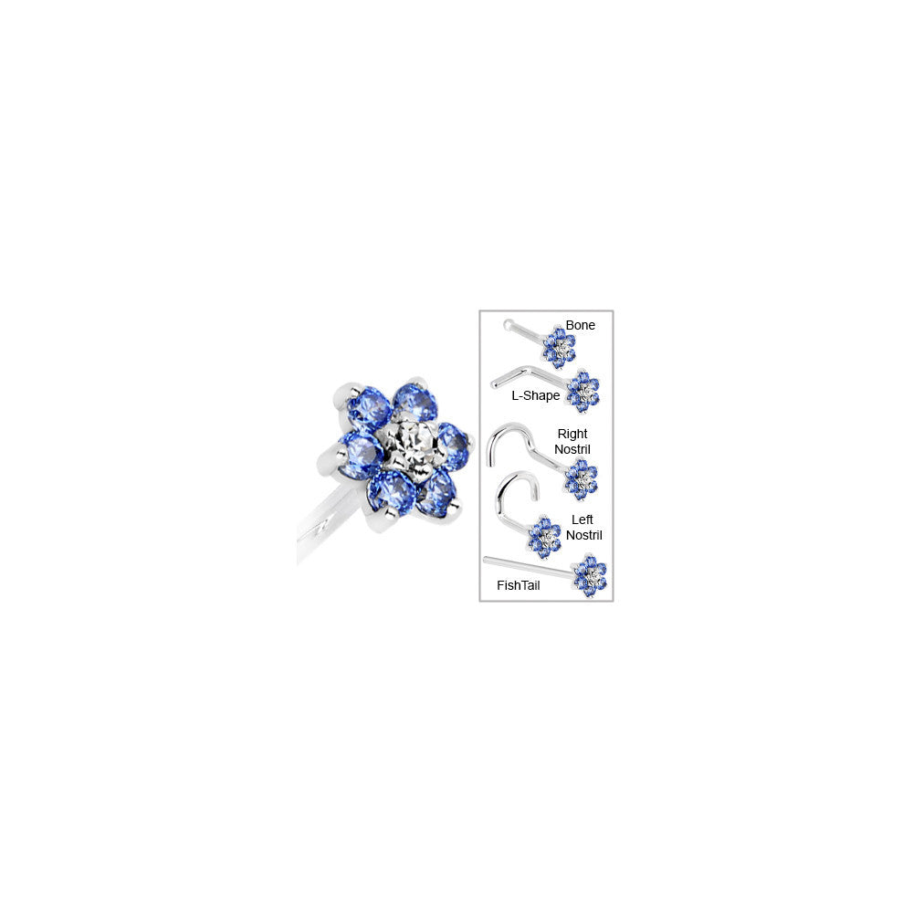 Solid 14K White Gold Arctic Blue and Clear Cubic Zirconia Flower Nose Ring