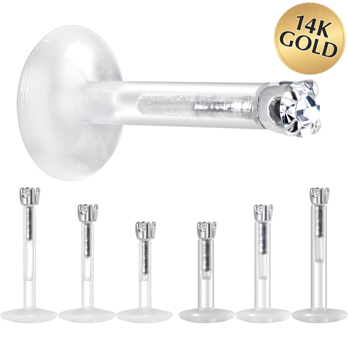 Solid 14K White Gold 1.5mm CZ Bioplast Push in Labret Monroe