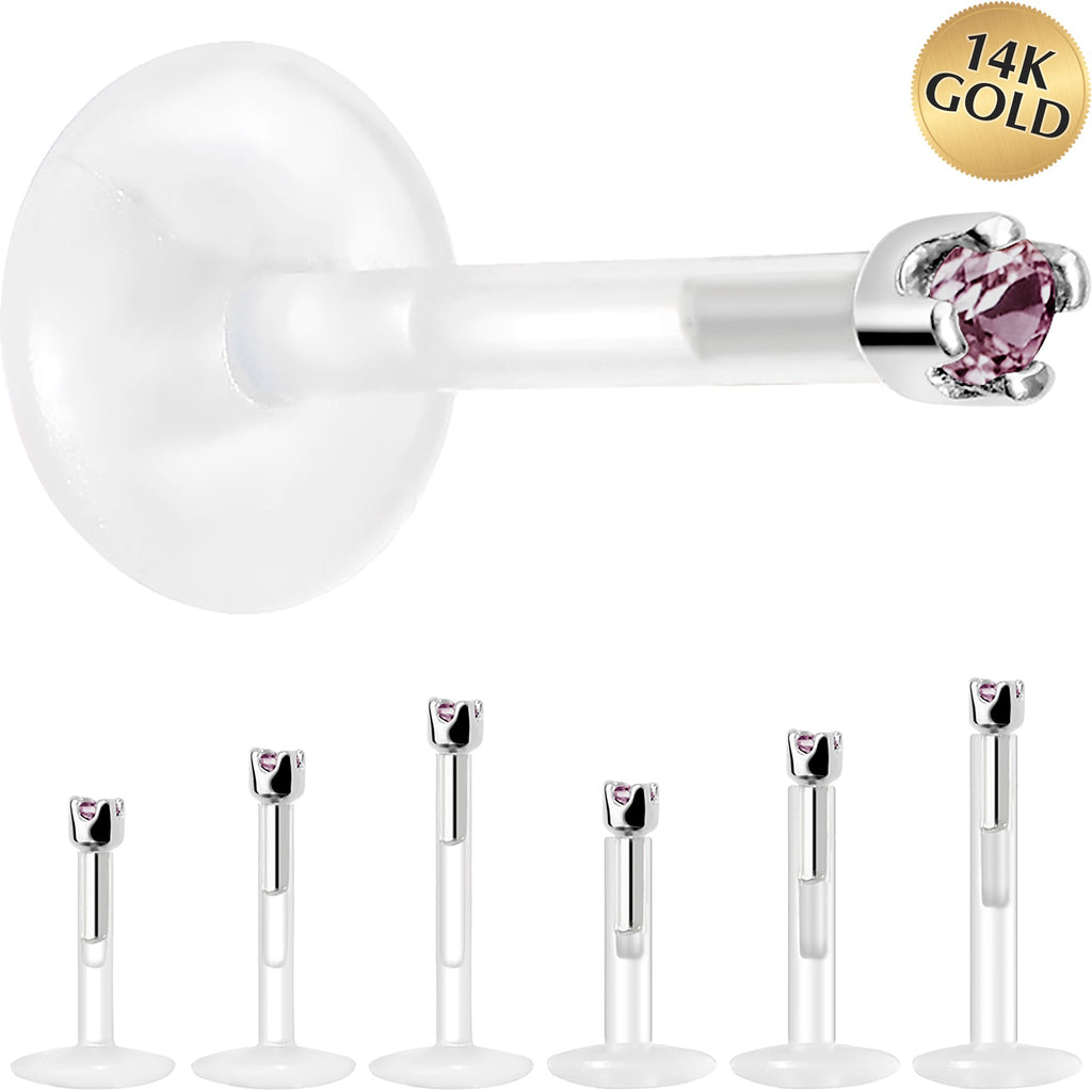 Solid 14K White Gold June 1.5mm CZ Bioplast Push in Labret Monroe