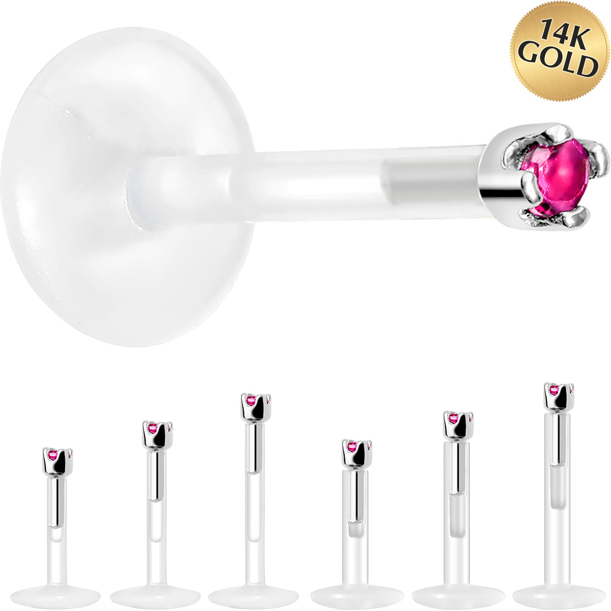 Solid 14K White Gold July 1.5mm CZ Bioplast Push in Labret Monroe