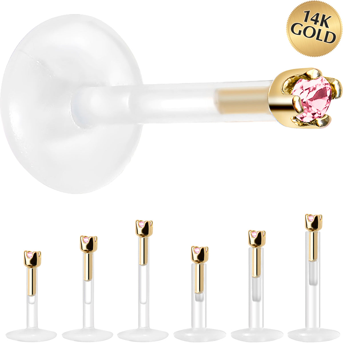 Solid 14K Yellow Gold October 1.5mm CZ Bioplast Push in Labret Monroe