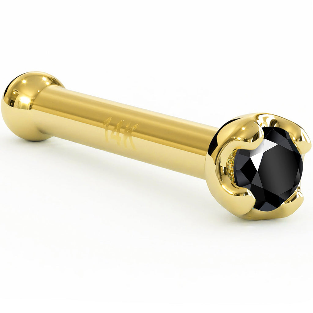 Solid 14K Yellow Gold 1.5mm Genuine Black Diamond Nose Ring