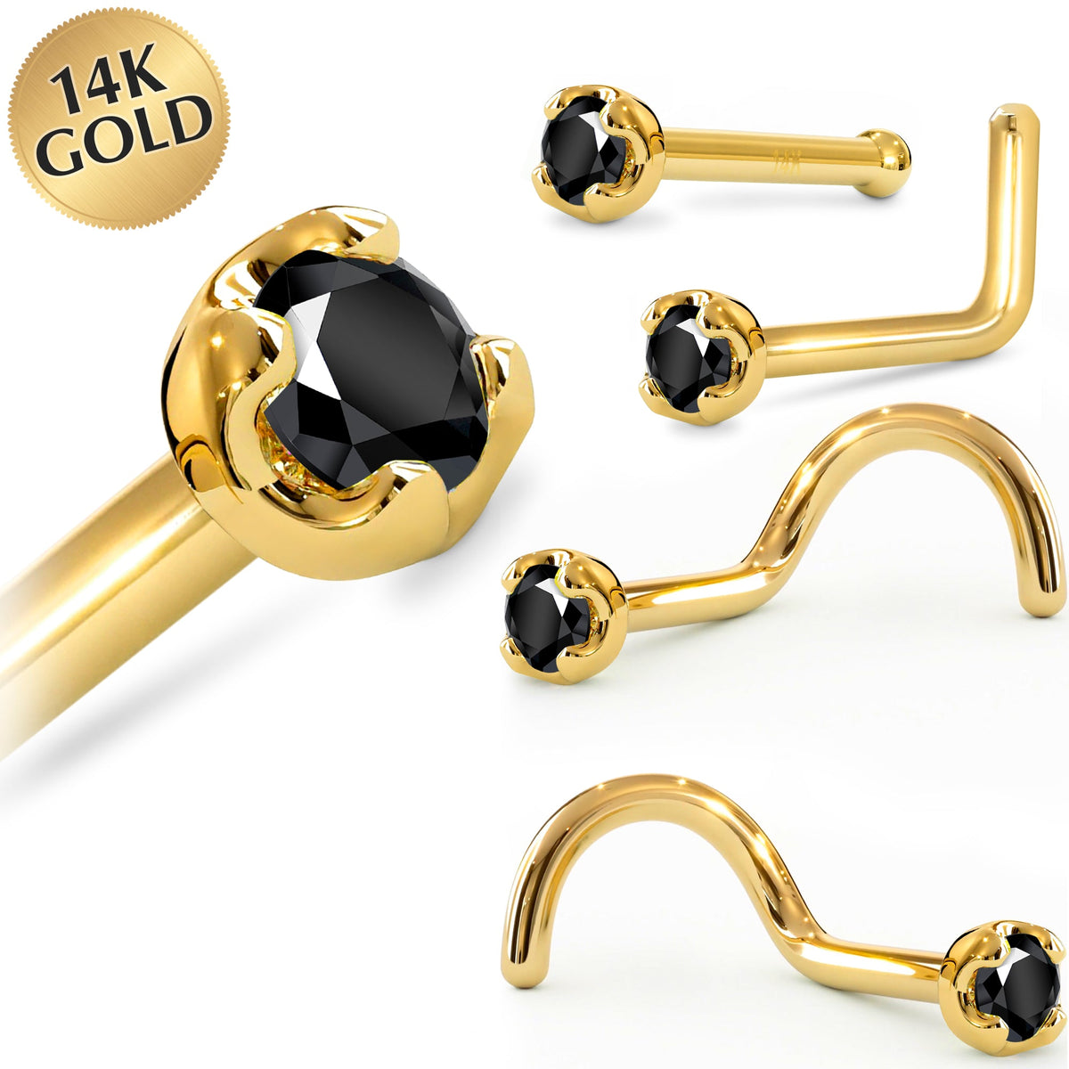 Solid 14K Yellow Gold 1.5mm Genuine Black Diamond Nose Ring