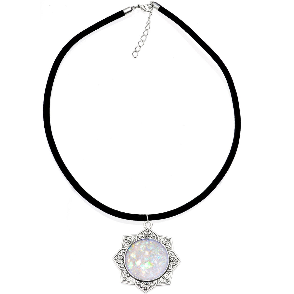 Handcrafted White Faux Opal Lotus Flower Love Velveteen Cord Necklace 16