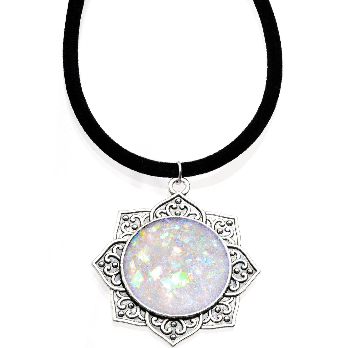 Handcrafted White Faux Opal Lotus Flower Love Velveteen Cord Necklace 16